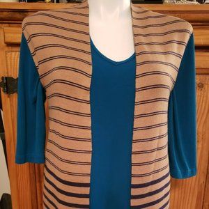 Chicos  SZ 0 Open Front Vest Womens Tan Navy Stripe Dot Sweater Knit Tun…